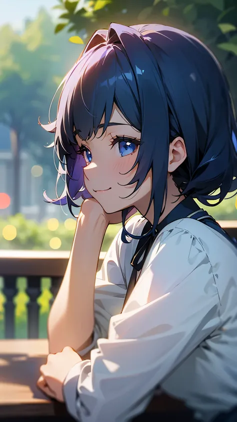 １girl、dark blue hair、blue eyes、smile、profile、upper body close-up、Morning café terrace、background bokeh, Depth of the bounds written