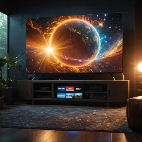 ((Masterpiece in maximum 16K resolution):1.6),((soft_color_photograpy:)1.5), ((Ultra-Detailed):1.4),((Movie-like still images and dynamic angles):1.3). | (cinematic photo of a Giant micro-LED TV at a living room displaying the Sun in space), (Giant micro-L...