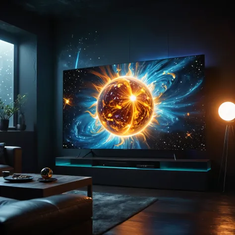 ((Masterpiece in maximum 16K resolution):1.6),((soft_color_photograpy:)1.5), ((Ultra-Detailed):1.4),((Movie-like still images and dynamic angles):1.3). ((Tyndall effect):1.2) | (cinematic photo of a Giant micro-LED TV at a very dark living room displaying ...