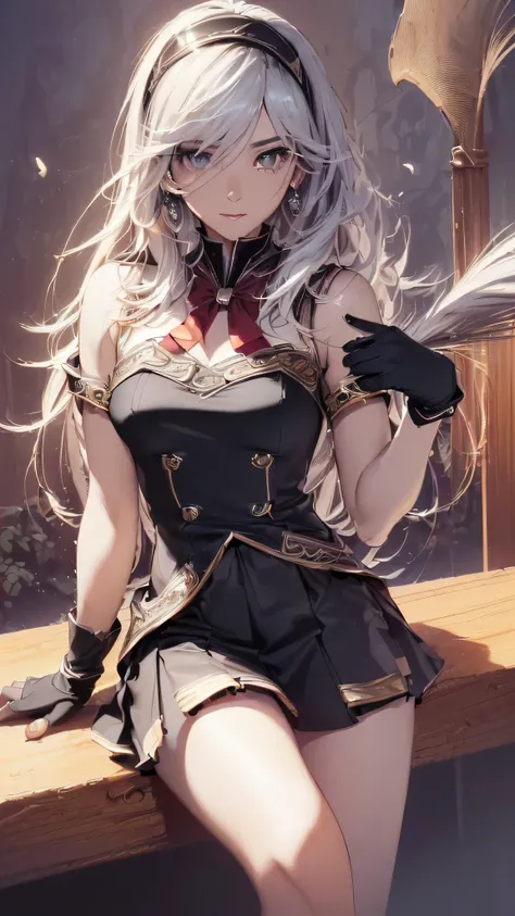 最high quality、best image quality、masterpiece、girl((20-year-old、 By becoming、vest bust、medium bust,wide open breast tea、shining eyes, silver hair、long hair、thin,highest valley、black 、black short skirt、shoulder tattoo,diamond earrings、Wristband、black gloves)...