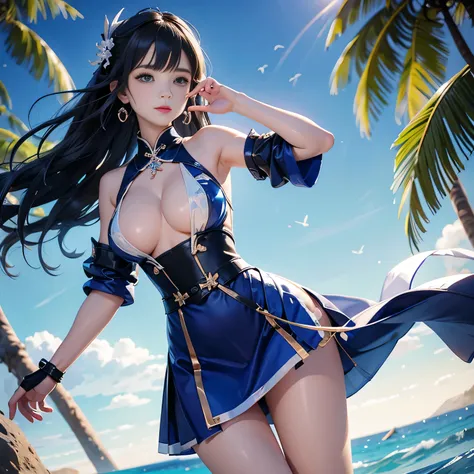 Low - Angle,from below,very the wind is strong,skirt lift,panty shot
(1 girl),(Raiden Shogun in Genshin Impact),  ((masterpiece, highest resolution,highest quality)), (beautiful illustrations),(Beautiful medium-long dark blue hair),(beautiful blue eyes), (...