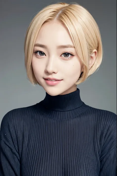 real, masterpiece, highest quality, A photo of a woman smiling happily, beautiful and detailed eyes, long slit eyes, black eyes, thin eyebrows, Make your eyelashes delicate, long eyelashes, false eyelashes, (blonde hair, short hair, middle part:1.3), A lit...