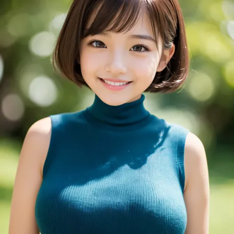 (highest quality、table top、8K、best image quality、Award-winning work)、(one young 10 year old girl:1.)、(Perfect sleeveless turtleneck knit sweater dress:1.3)、(short hair:1.1)、(very young girl&#39;s face:1.5)、the biggest smile looking at me、(huge breasts:1.7)...