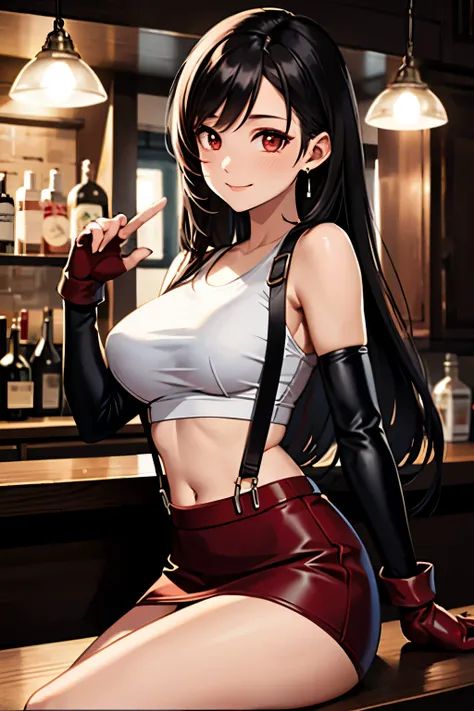 masterpiece, ultra quality, high quality, beautiful detailed glow,film Reflection, 
masterpiece, best quality, 1girl defTifa, red eyes, low-tied long hair, earrings, white crop top, suspenders, black miniskirt, pencil skirt, arm warmers, black elbow gloves...