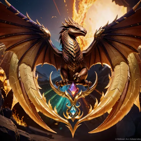 its form a mesmerizing blend of dragon and phoenix. With wings outstretched in a display of strength and grace, the creatures scales shimmer with the iridescence of precious gems, while its feathers blaze with like the hues of a vibrant sunset. Clutched wi...