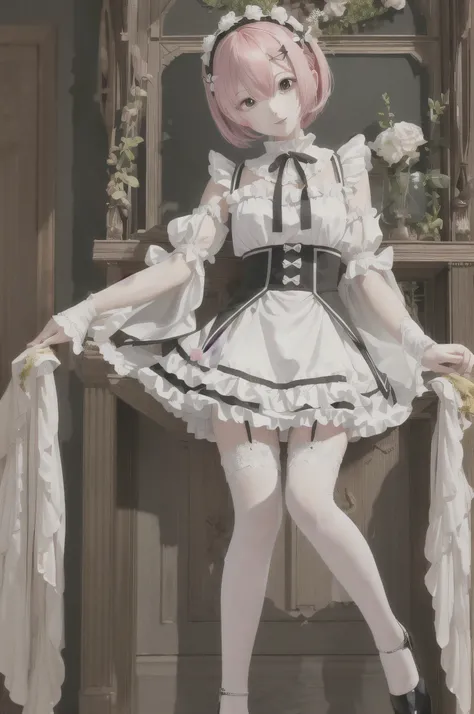 masterpiece、highest quality、High resolution、empty eyes、tentacle、1 girl、alone、full body shot、Lam Lee:zero、pink hair、Whiteney Haig、short hair、red eyes、Upper hair in one eye、frills、garter strap、tie、