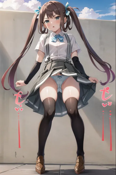 Asagumo KC, (white) shirt, (suspenders) skirt, (hair) ribbon, (pleats) skirt, (gray) skirt, (black) Thighhighs, shoes, twin tails, arm warmers, 1 girl,茶hair,nsfw,((panties))