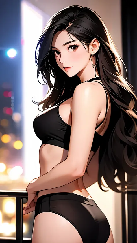 In a bold night photo shoot at a hotel、Beautiful dark-haired girl with brown eyes and long hair in black underwear 