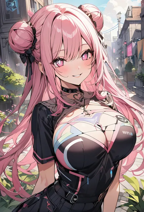 1 girl, pink long bun hair, Symbol-shaped eyes, +_+, big breasts, brother type uniform, {girl with pink long bun hair named Nami}, (Pink eye color), {downtown}, (smile), bright background , mole under eye, heart shaped choker, (masterpiece, highest quality...