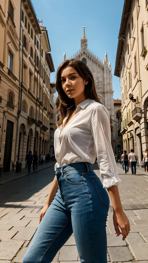 a girl with brown hair wearing sexy jeans and white blouse poses near duomo cathedral in milano, italy