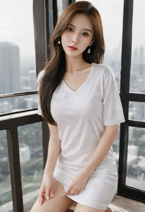 ((best quality, 8 thousand, masterpiece :1.3)), whole body, sharp focus :1.2, pretty girl with perfect body :1.4, slim abs :1.2, ((dark brown hair, big bust :1.2)), body dress :1.1, (night city view, modern balcony :1.1), Highly detailed face and skin text...