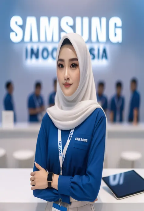 arafed woman in blue shirt standing in front of a samsung display, hyperdetailed samsung store, lalisa manobal, indonesia, sakim...