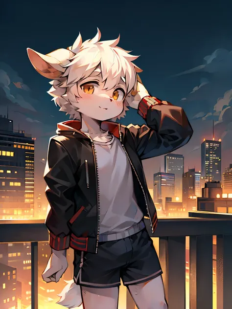 Bright day outside，Goat Boy，goat horns，male focus，furry men，Cute appearance，short stature，Characteristics of a three-year-old boy，Short sleeves with jacket，shorts，city bright background