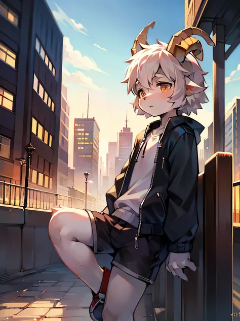 Bright day outside，Goat Boy，goat horns，male focus，furry men，Cute appearance，short stature，Characteristics of a three-year-old boy，Short sleeves with jacket，shorts，city bright background