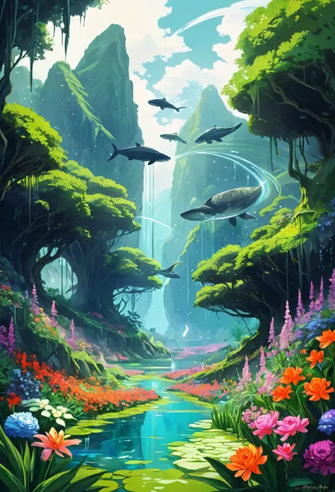 (In a quiet valley full of exotic flowers and plants..,Agua clara:0.85),Un guerrero solitario con conocimientos antiguos y armas arcanas.，Derrota a las entidades malignas,(Fondo blanco,Estilo anime en color:1.45),Fill with irregular geometric fluid oil,Pla...