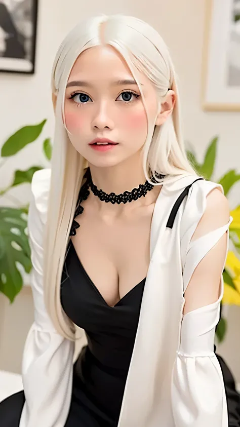 one girl、anatomy、angle above the knee、albino:1.3、unparalleled beauty、16 only、Silky white hair、clear blue eyes、plump lips、black long dress、black choker、sapphire pendant、Are standing、beautiful skin、dense skin、small breasts、that&#39;It&#39;s small、silence、Raw...