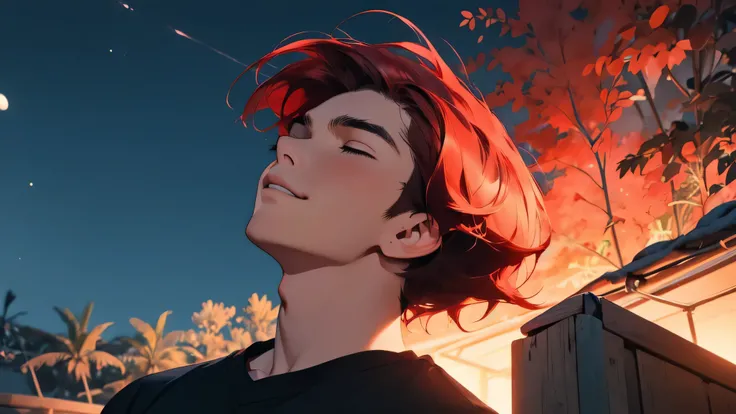 20 years old boy,Looking up,closed eyes,very short red color hair,small smile,night sky background,absurdres,masterpiece,highres,intricately detailed,black t-shirts,detailed face,global illumination