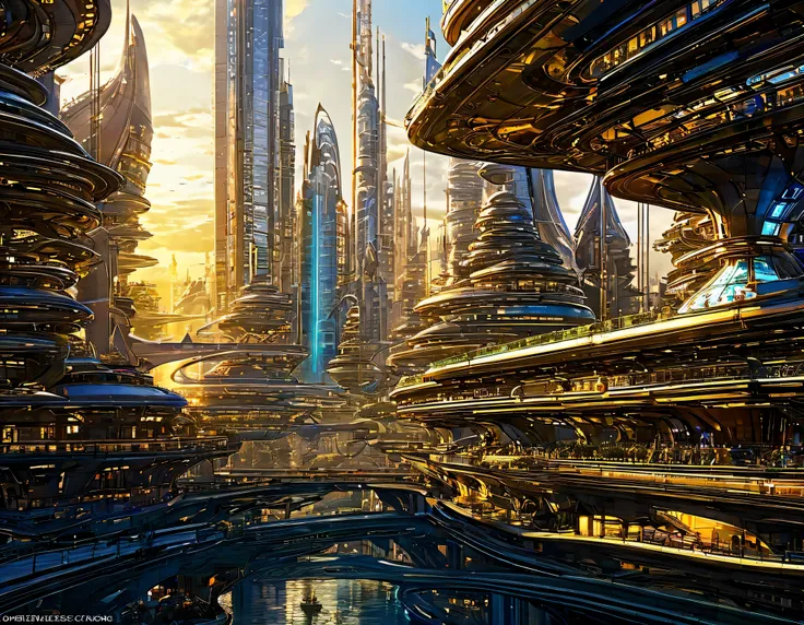 (golden hour lighting), megacity, megalopolis of an imaginary world of science fiction , parecido a una disneylandia futurista, and maximum fantasy, con inmensos edificios y rascacielos ovalados y dodecaedricos agrupados de metal y cristal donde predomina ...