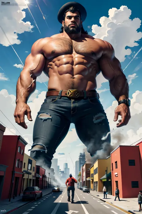 giant art, surreal Colombian man  , Highly detailed Giant shot, Giant,, A gigantic Colombian man that&#39;s much bigger than a skyscraper, wearing newsboy hat, huge muscles , big arms, solid ripped white T shirt ,black jeans , wearing timberland boots,mini...