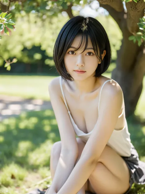 8K,Japanese,18-year-old,innocent &#39;face,highly detailed face,kind eyes,short cut hair,hair blowing in the wind,girl,cute,I don&#39;t have any clothes,in the shade of a tree,sitting,black hair,Decolletage,thighs