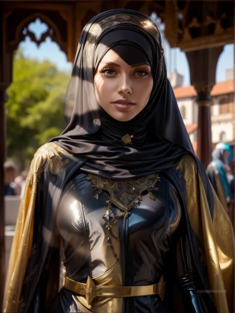 gorgeous woman, Fachmann, (4K-Foto) von (Jeremy Lipking:0.3), (Dittmann Anna:0.3), (Arian Mark:0.3), (Scharfer Fokus:1.3), (Beautiful woman:1.3), Tragen (Leder-Hijab, Abaya aus Leder mit aufwendigen Golddetails:1.2), perfektes Make-up, bemerkbar, faszinier...