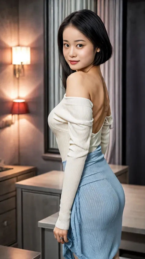 Generate hyper realistic image of a dark-skinned woman, her hourglass silhouette emphasized by the soft draping of an off-shoulder sweater. With her long black hair cascading down her back, she gazes directly at the viewer with a captivating smile, her lip...