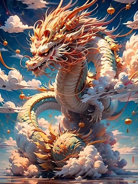 Clouds surround cute Chinese dragon, Fireworks background,Chinese new year decoration(((masterpiece))), ((best quality)), , ((Surrealism))(8K)
