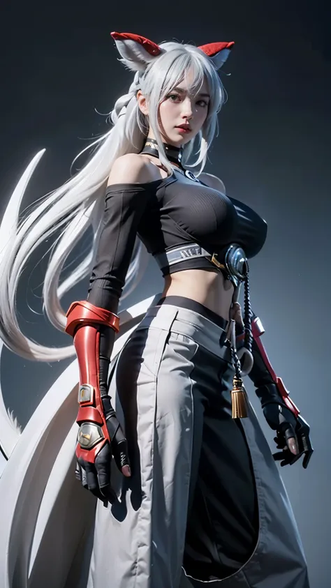 qi_aov_new, 1girl, solo, grey eyes, grey hair, bangs, long hair, hair ornament, breasts, large breasts, looking at viewer, blue eyes, white background, animal ears, bare shoulders, standing, white hair, , pants, black pants, armor, lips, gauntlets, jewelry...