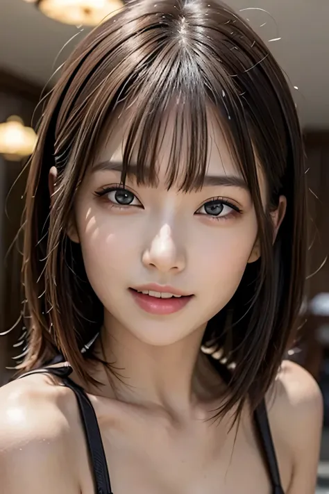 (8K, Raw photo, highest quality, masterpiece, realistic, Photoreal), (1 female), (ultimate beauty), middle aged, highly detailed face, (perfect teeth), fine eyes, double eyelid, eyelash, smile, lip details, brunette bob, light shines on your face, ((big br...