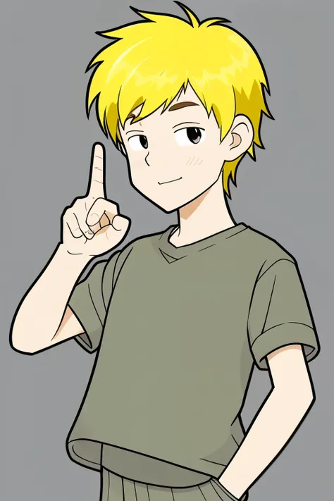 (Simple picture）、cartoon-like picture、（Pencil writing 1:8）、Upper body、simple face、Shortcut Boy、One stroke style、background is yellow、alone、Good finger sign