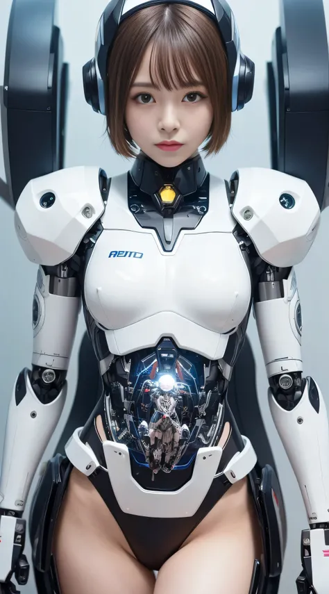 ((robot girl, Mecha)), shining eyes of light, delicate face, broken armor, mechanical aura, machine arm, brown hair, white long hair, ceramic body, thigh gap, small underboob, cyber background, very nice city, (translucent, Reflecting the skin), 8K, highes...