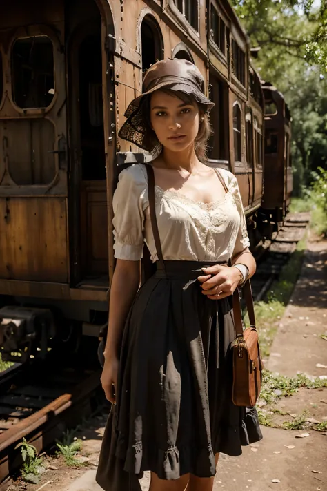 
Timeless Voyager Amidst Forgotten Groves: Amid the wild overgrowth swallowing a vintage railway station, our model strikes an arresting pose. Her attire, a patchwork of sepia-toned newspapers and a lace trim skirt, speaks volumes about her affinity for fo...