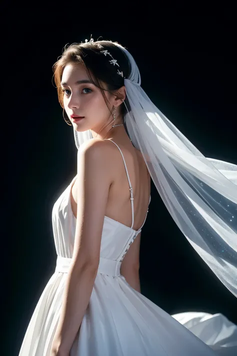 `A woman in a white dress against the starry sky, High resolution, rich in details`  