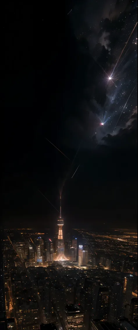 ((masterpiece, highest quality, Highest image quality, High resolution, photorealistic, Raw photo, 8K)), Meteorites rain down on the city from the night sky,