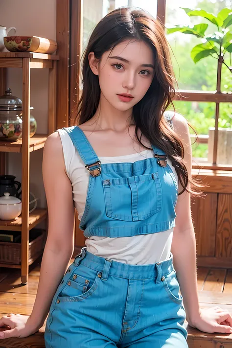 realistic photography, 8k ,beautiful woman, cute sexy yellow overalls