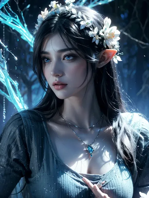 (elven woman:1.1,big ,beautiful detailed eyes,beautiful detailed lips,extremely detailed face:1.1,goddess,gorgeous,flowing hair,long hair,long flowing dress,vibrant colors,soft lighting,enchanted forest)