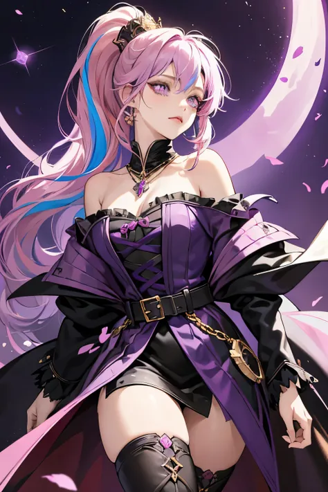 Vampire Queen Small Breast Combat Dress (Royal Cloak: 1.1) Black and Purple Color Sexy Devil Aura Original Character Masterpiece Tempting Purple Eyes (Multicolor High Ponytail 1:1.2) Purple Gemstone Accessories Gold Belt, Gold Necklace, Wind Evil Effect, S...