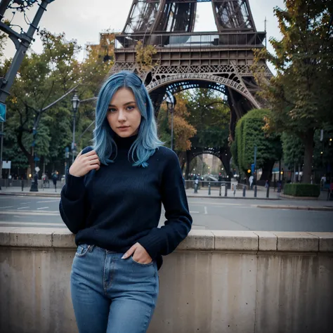 a beautiful young woman, blue hair, blue eyes, in a black sweater and jeans, posing for a photo near the Eiffel Tower