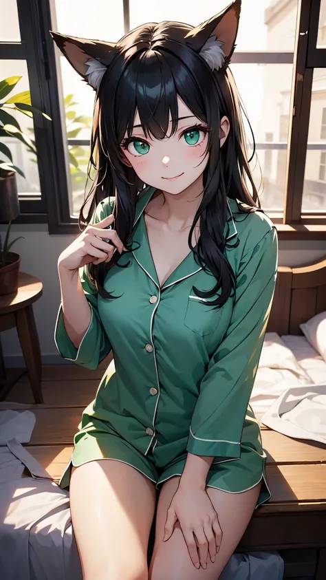 one girl、19 years old、black hair、wave long、unkempt、(Looks sleepy)、((Mysterious Beautiful Girl))、light green pajamas、fox ears、bangs、emerald green eyes、smile、Window in a calm room、from thighs to head、classic、aerial perspective、detailed picture、atmosphere、(tr...