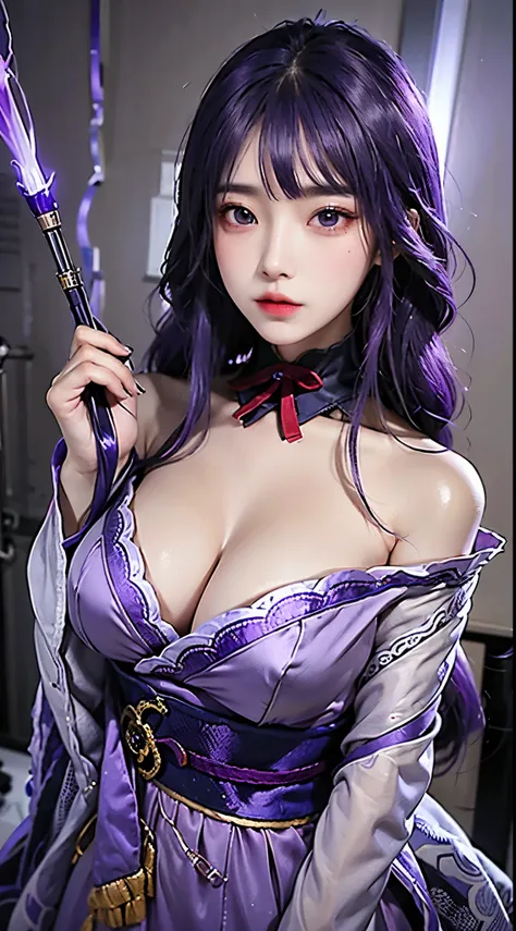 lifelike, High resolution, 1 girl, long purple hair, beautiful eyes, big breasts, Raiden General costume