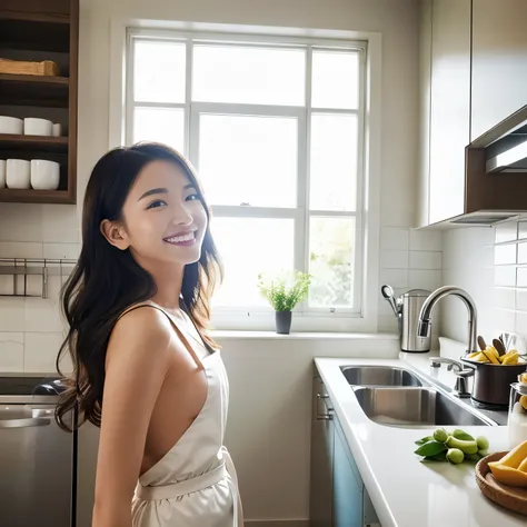 (table top、highest quality、8K、Award-winning work、ultra high resolution)、one beautiful woman、(wearing the most natural and perfect apron:1.1)、(naked apron:1.2)、long hair、(Look at me with your best smile:1.1)、(Show your beautiful teeth and have the best smil...