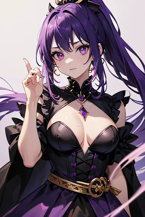 Vampire Queen Small Breast Combat Dress (Royal Cloak: 1.1) Black and Purple Color Sexy Devil Aura Original Character Masterpiece Tempting Purple Eyes (Multicolor High Ponytail 1:1.2) Purple Gemstone Accessories Gold Belt, Gold Necklace, Wind Evil Effect, S...