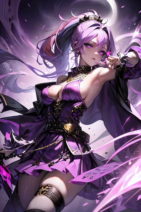 Vampire Queen Small Breast Combat Dress (Royal Cloak: 1.1) Black and Purple Color Sexy Devil Aura Original Character Masterpiece Tempting Purple Eyes (Multicolor High Ponytail 1:1.2) Purple Gemstone Accessories Gold Belt, Gold Necklace, Wind Evil Effect, S...