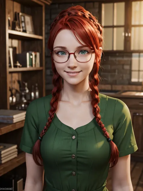 Red hair, braids, green eyes, metal frame glasses, green shirt-dress with buttons, smile girl 15 years old. photorealism. unreal engine. 3D model. Ultra high quality textures