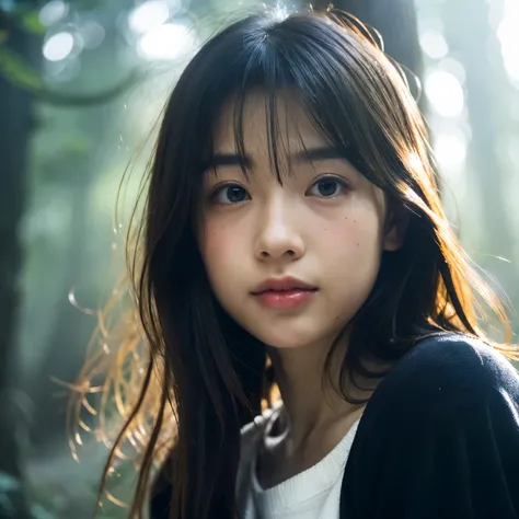 beautiful face, highest quality,Super high natural light, shiny skin,fine skin,detailed face,fine eyes, beautiful japanese girl, in the deep forest, (fog:1.2), it&#39;s raining, waterたまり, haze, water, pour down, lots of trees