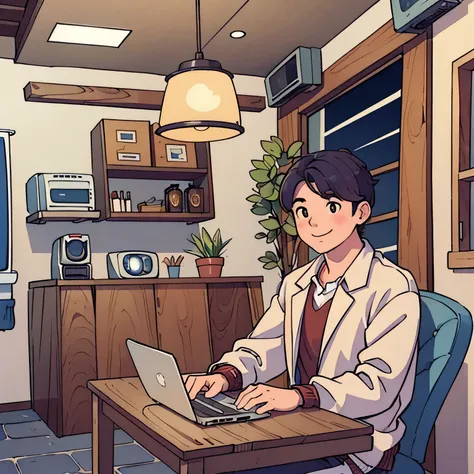 stylish cafe、retro、Western-style building、coffee is on the desk、sitting、the laptop is on the desk、smile、adult male、korean hair、white clothes、Shot above the chest、24-years-old、1 person、Head to the computer