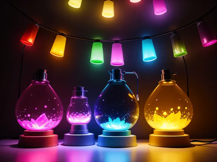 Luminous objects，a close up of a group of colorful lamp in the dark, rgb lamp, small lead lamp, rgb lead lamp, Colorful lights, colour lead, glowing leads, multiple colour, lead, very high quality lamp, lead color, bright lead lamp, leads, colored lighting...