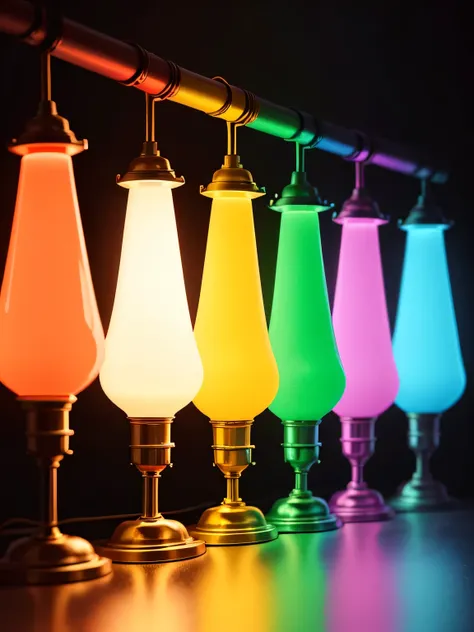 Luminous objects，a close up of a group of colorful lamp in the dark, rgb lamp, small lead lamp, rgb lead lamp, Colorful lights, colour lead, glowing leads, multiple colour, lead, very high quality lamp, lead color, bright lead lamp, leads, colored lighting...