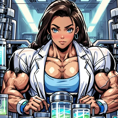 1 girl,(masterpiece) ,beautiful, muscular shoulder,muscular female,, alternate muscle size,muscular, lab coat,futuristic equipme...