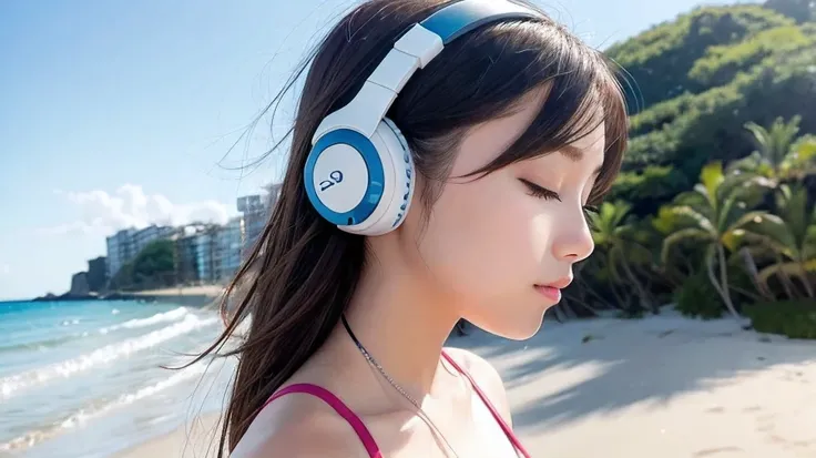 Girl wearing headphones and listening to music、close your eyes、walk on the beach、bikini
